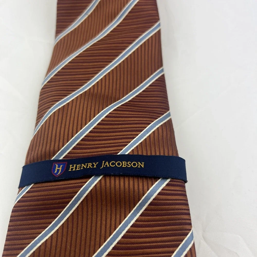 HENRY JACOBSON 100% Silk NECKTIE Tie Brown w blue Stripes Brand New made by hand